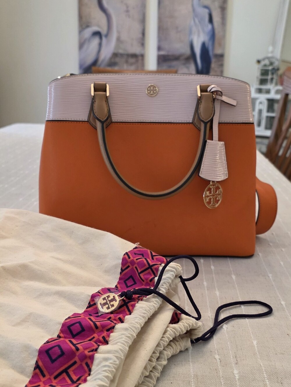 Tory Burch Robinson Orange and Light Pink Leather Purse with Gold Hardware
